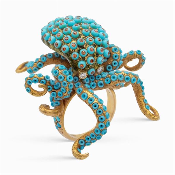 Anello polpo in oro giallo 14kt e turchesi