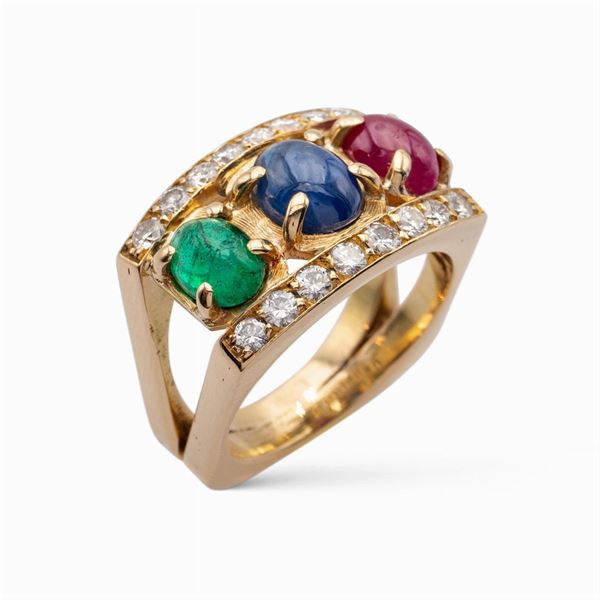 Anello in oro giallo 18kt con rubino, zaffiro e smeraldo