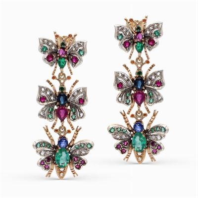 Orecchini Farfalle Pendenti in Oro Rosa e Argento
