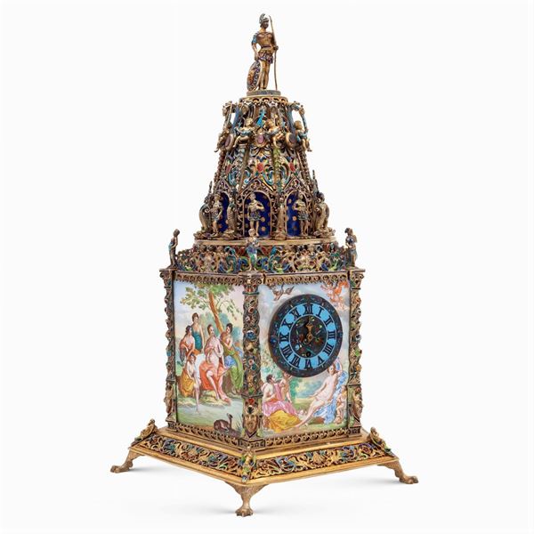 Silver an polychrome enamel table clock  (Vienna 19th century)  - Auction PAINTINGS | FURNITURE | WORKS OF ART - Colasanti Casa d'Aste