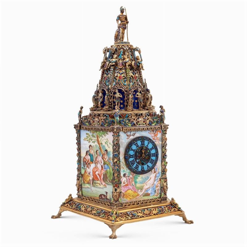 Orologio da Tavolo in Argento e Smalti Policromi