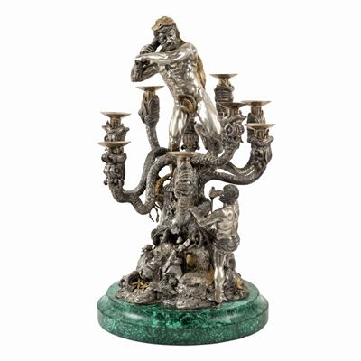 Candelabro in Argento e Argento Dorato a Nove Fiamme su Base in Malachite