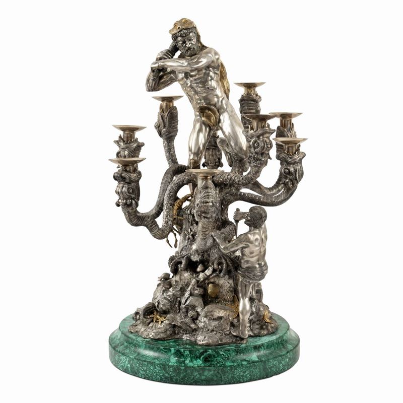 Candelabro in Argento e Argento Dorato a Nove Fiamme su Base in Malachite