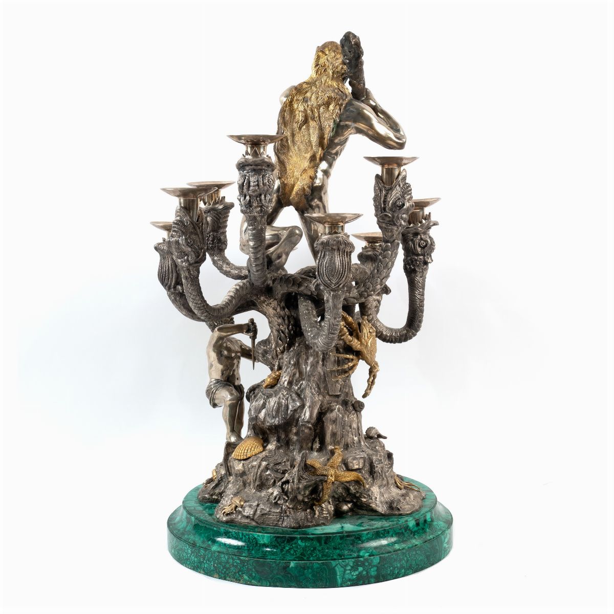 Candelabro in Argento e Argento Dorato a Nove Fiamme su Base in Malachite