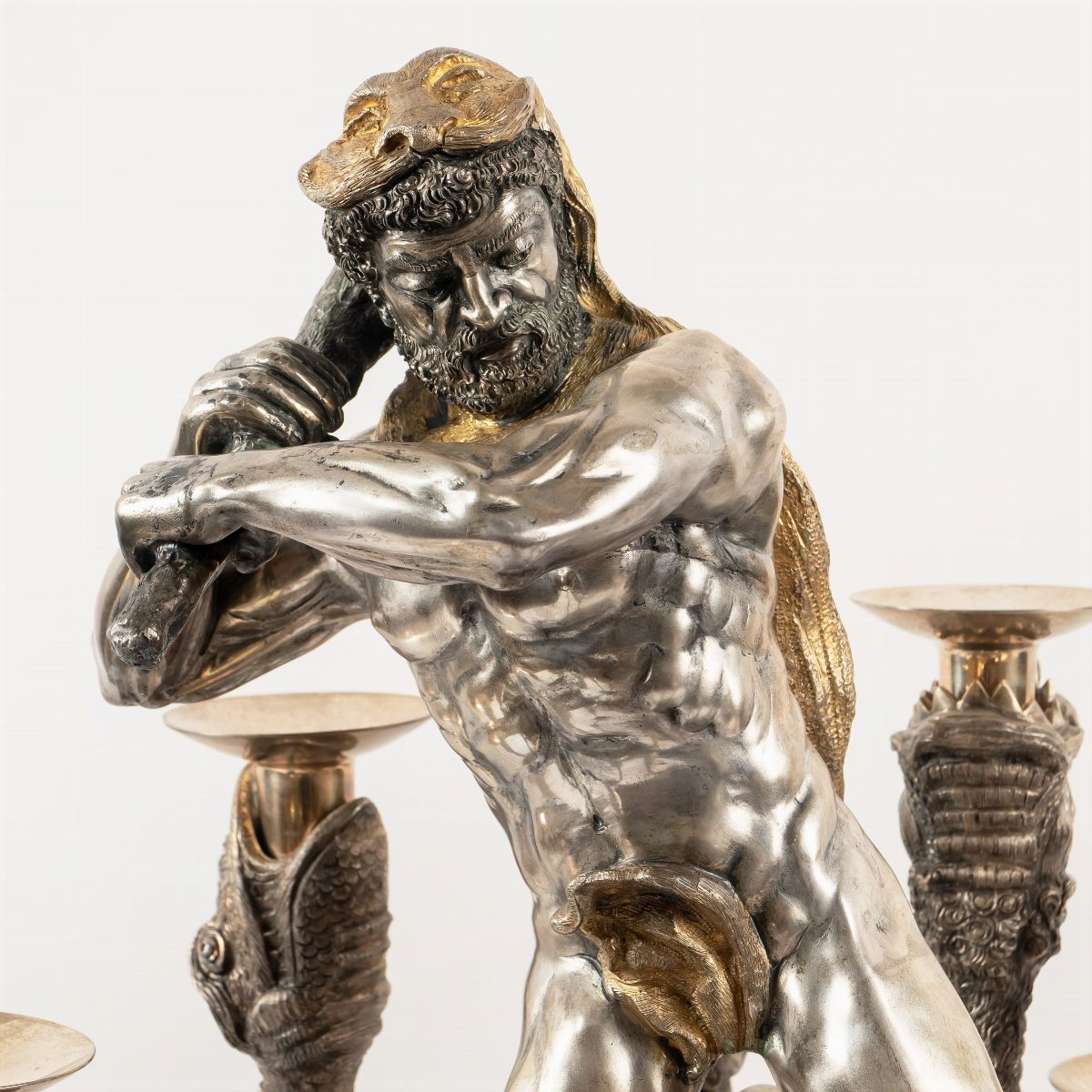 Candelabro in Argento e Argento Dorato a Nove Fiamme su Base in Malachite
