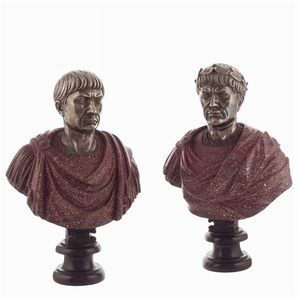 Pair of porphyry and silvered metal busts