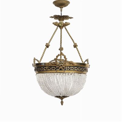 Lampadario a Mongolfiera in Bronzo Dorato e Vetro