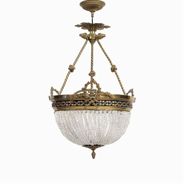 Lampadario a mongolfiera in bronzo dorato e vetro