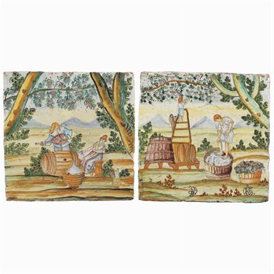 Due Mattonelle in Maiolica Dipinta in Policromia