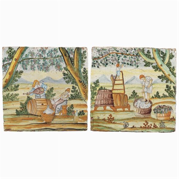 Due mattonelle in maiolica dipinta in policromia