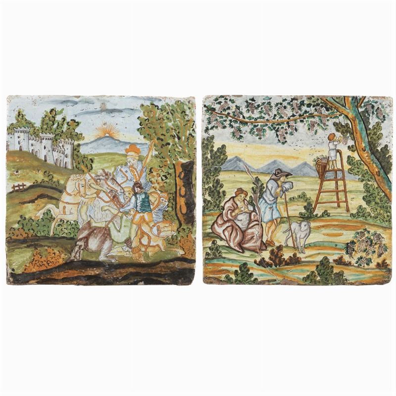 Due Mattonelle in Maiolica Dipinta in Policromia