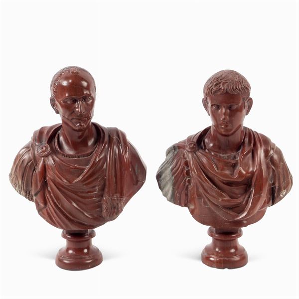 Pair of red marble busts