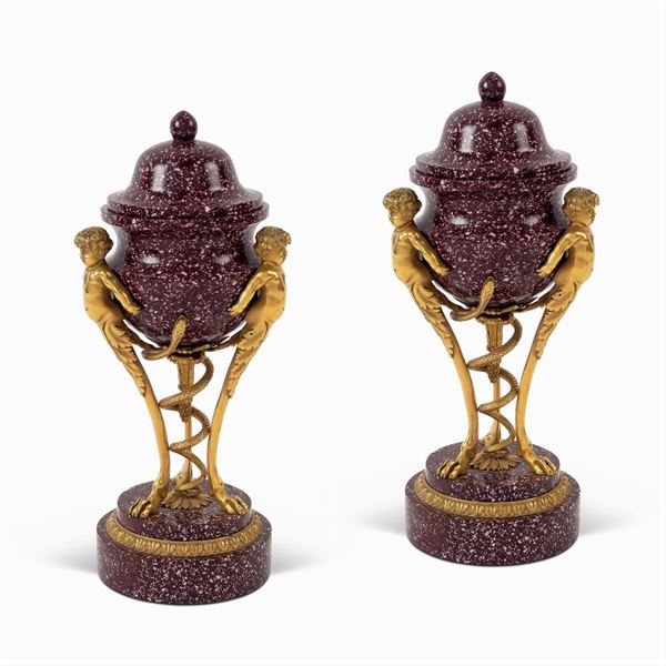Pair of porphiry and gilt bronze  potiches