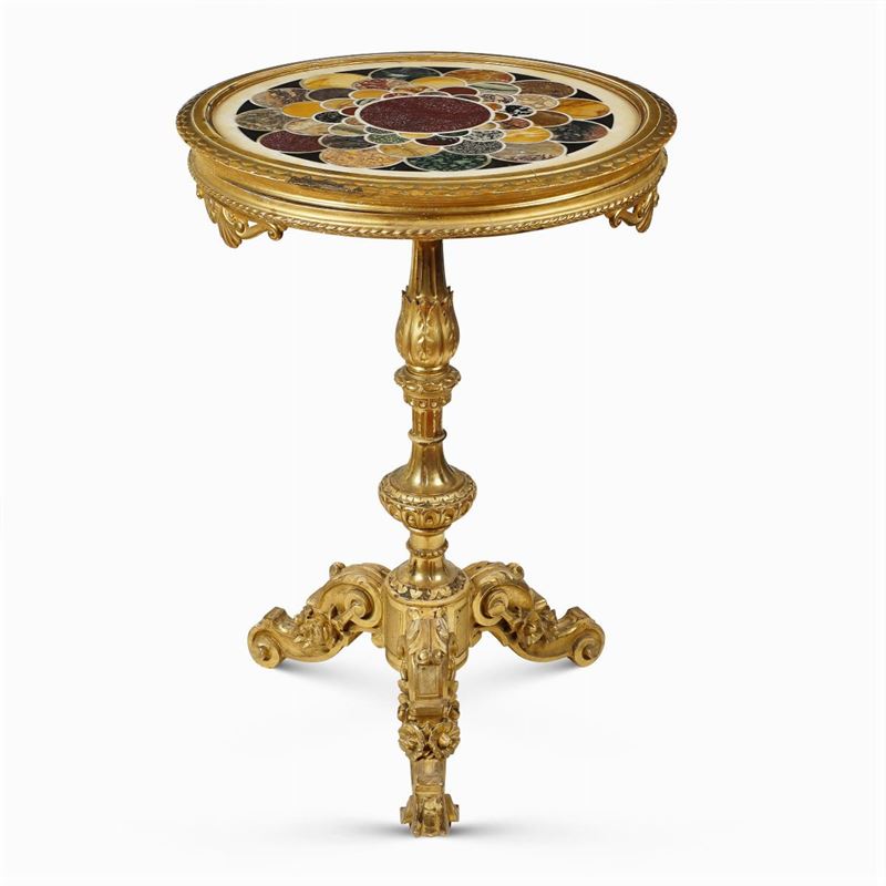 Gueridon in Legno Dorato e Marmi Policromi