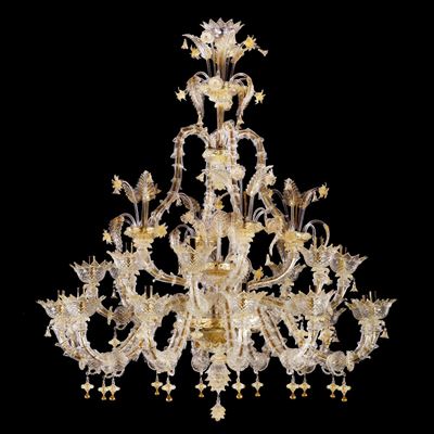 Lampadario Rezzonico a 28 Luci in Vetro Trasparente e Oro