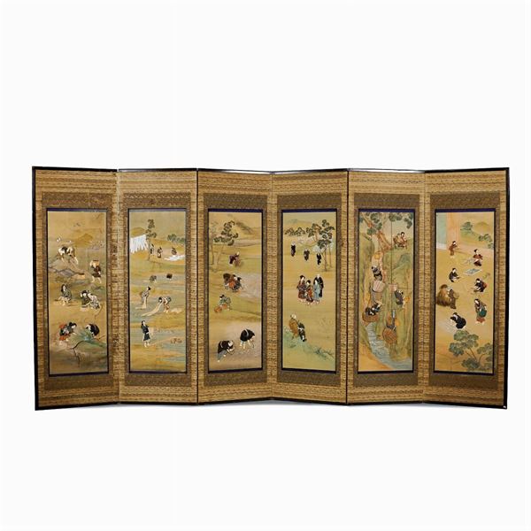 Silk and wood folding screen