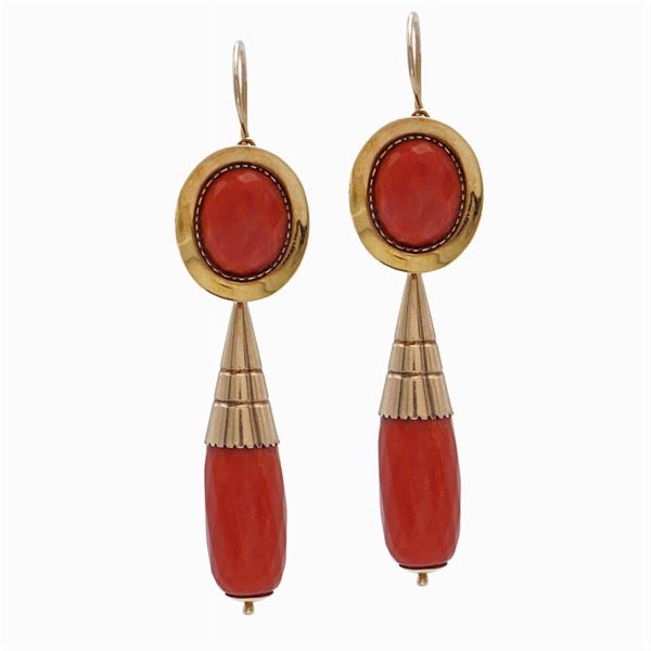 9kt yellow gold and faceted red coral leverback earrings