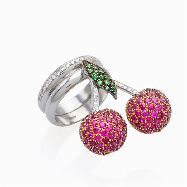 Anello ciliege in oro bianco e rosa 18kt con diamanti