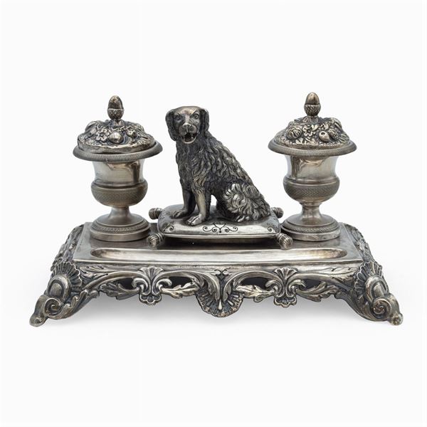 Silver inkwell with two ampoules  (Rome, late 19th century)  - Auction FINE SILVER AND ART OF THE TABLE - Colasanti Casa d'Aste