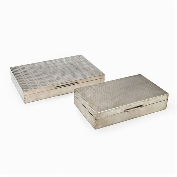 Two rectangular silver and wood boxes (2)
