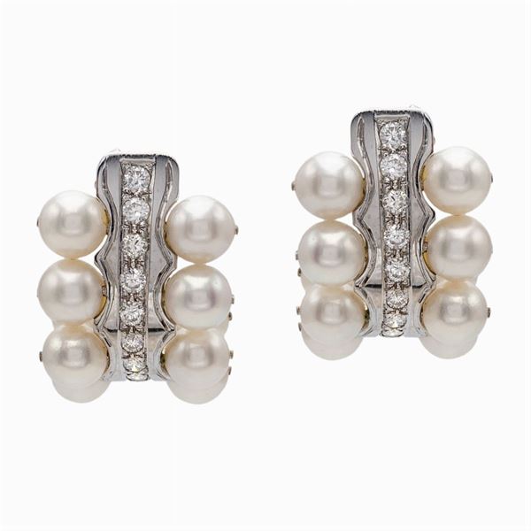 Orecchini semicerchi in oro bianco 18kt perle e diamanti