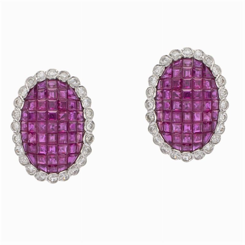 Orecchini in Oro Bianco 18kt Rubini e Diamanti