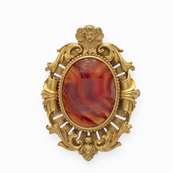 Spilla cartagloria in oro giallo 18kt e corniola variegata