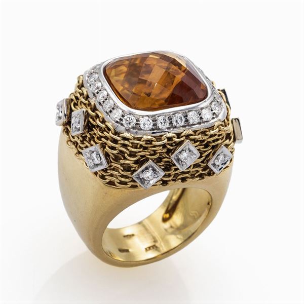 Anello cocktail in oro giallo e bianco 18kt quarzo citrino e diamanti