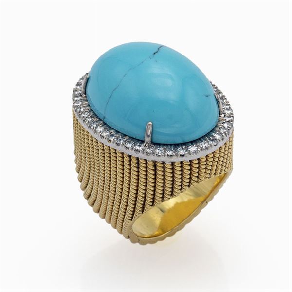 Anello cocktail in oro giallo 14kt e turchese naturale