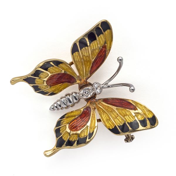 18kt yellow gold, polychrome enamels and diamonds Butterfly brooch  - Auction FINE JEWELS  WATCHES FASHION VINTAGE - Colasanti Casa d'Aste
