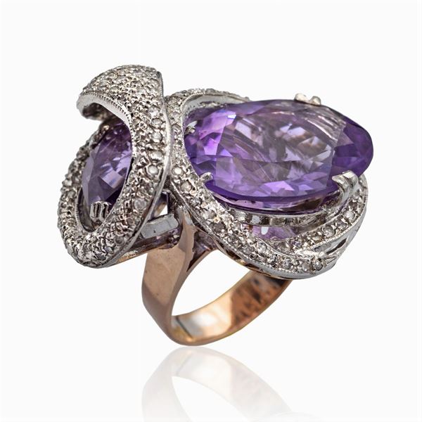 9kt rose gold and silver snake ring with amethysts