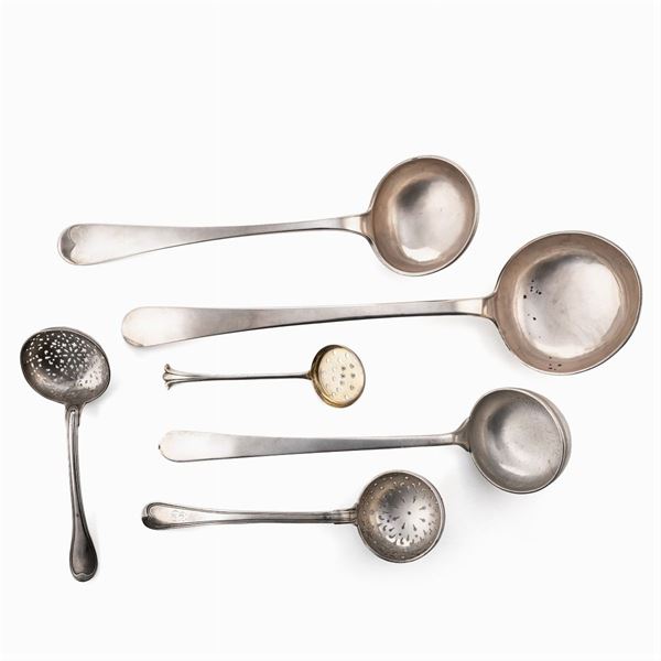 Set of three silver ladles and three strainers (6)
