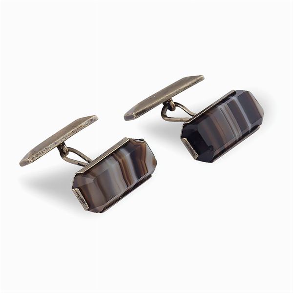 Rectangular silver and variegated agate cufflinks