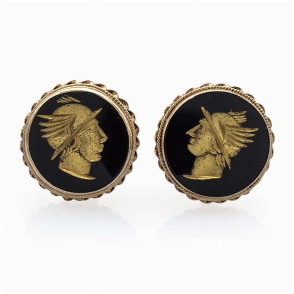 Gemelli tondi in oro giallo 14kt e onice nero