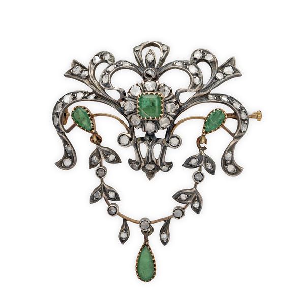 Antique gold and silver brooch with emeralds