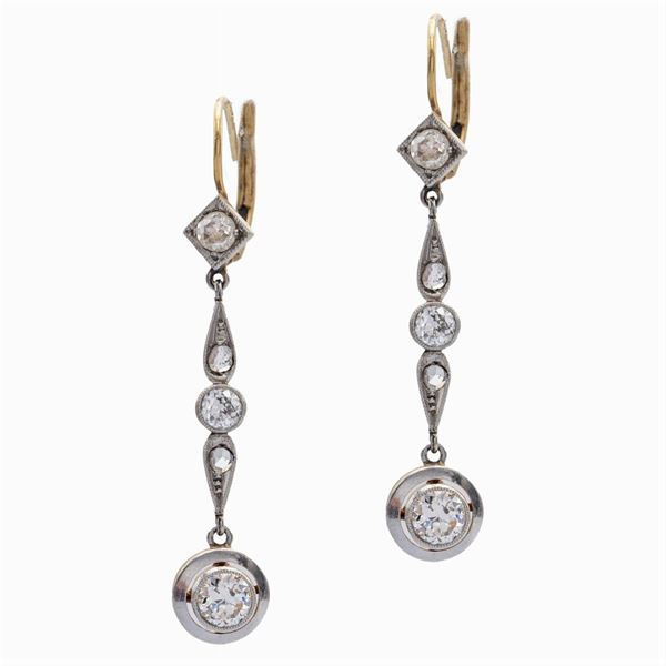 Gold and silver with diamonds pendant earrings