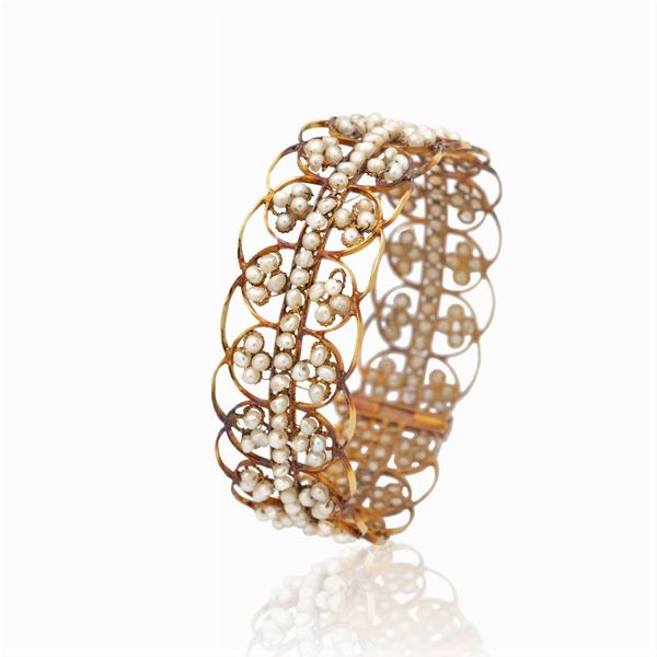 Antico bracciale a manetta in oro rosa 14kt perline