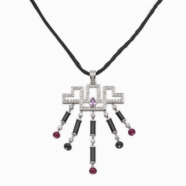 Pendente a motivo geometrico in oro bianco 18kt e diamanti