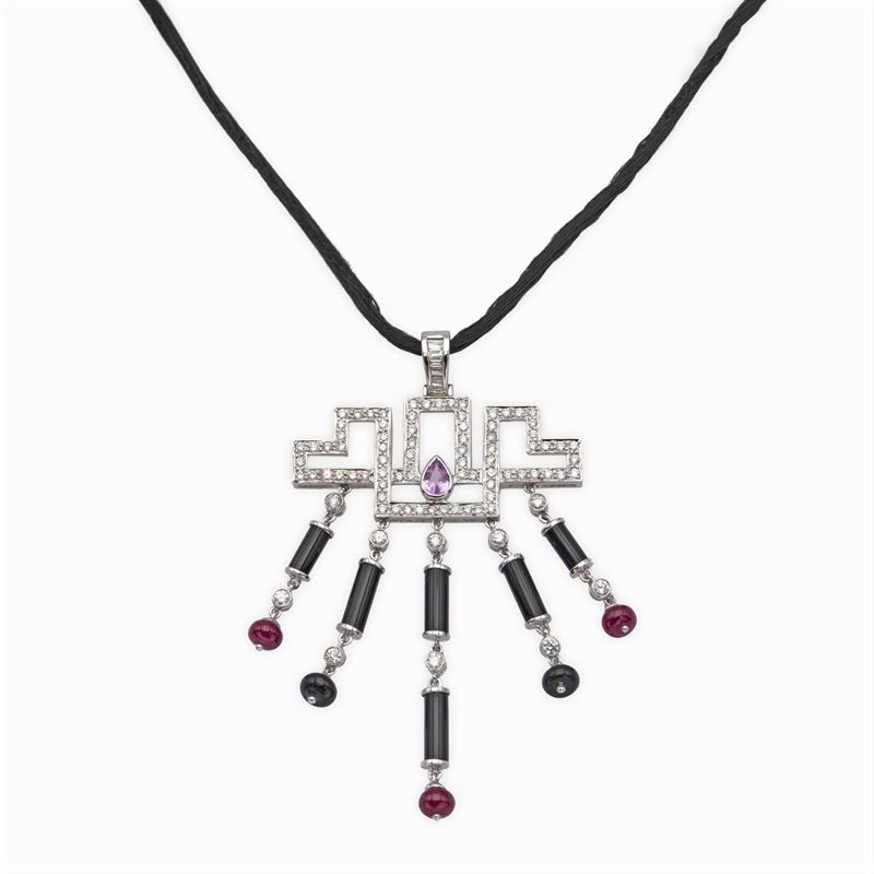 Pendente a Motivo Geometrico in Oro Bianco 18kt e Diamanti