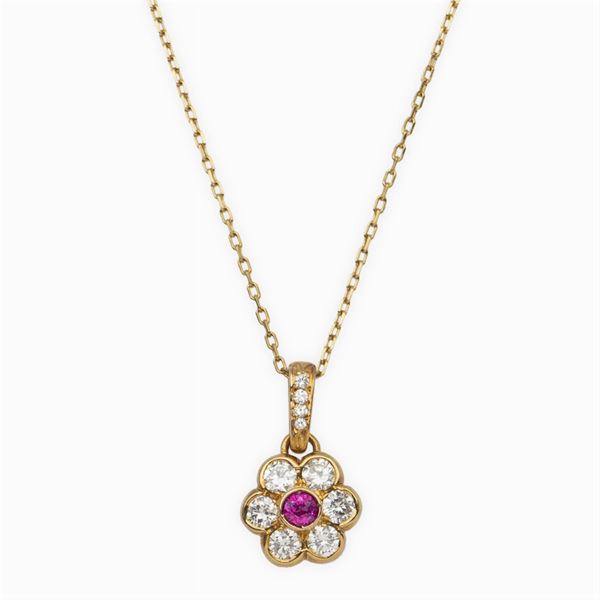 Pendente fiore in oro giallo 18kt con rubino e diamanti