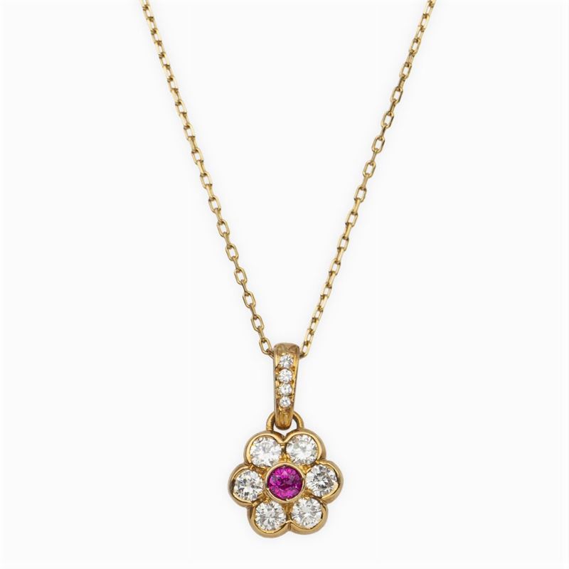 Pendente Fiore in Oro Giallo 18kt con Rubino e Diamanti