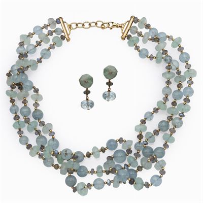 Collana a Tre Fili di Acquamarine e Orecchini En Suite