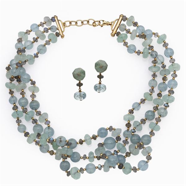 Collana a tre fili di acquamarine e orecchini en suite