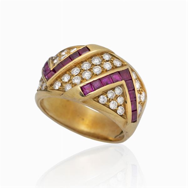 Anello a fascia in oro giallo 18kt diamanti e rubini