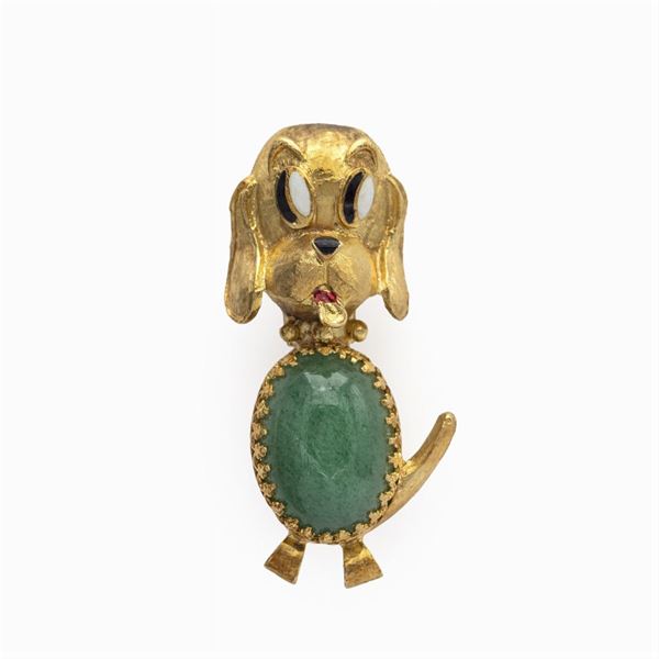 Spilla cagnolino in oro giallo 18kt e giadeite