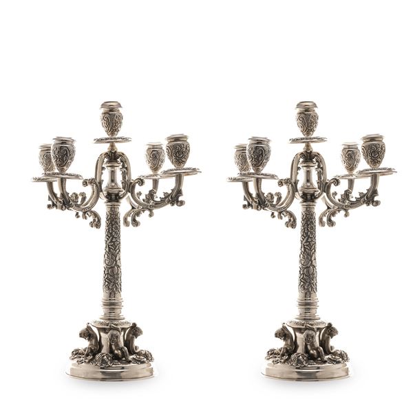 Pair of silver five-light candelabra  (Italy, 20th century)  - Auction FINE SILVER AND ART OF THE TABLE - Colasanti Casa d'Aste