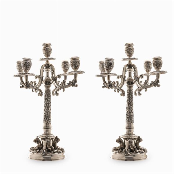 Pair of silver five-light candelabra