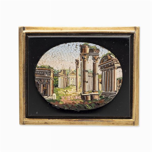 Spilla rettangolare in oro rosa 9kt e micromosaico