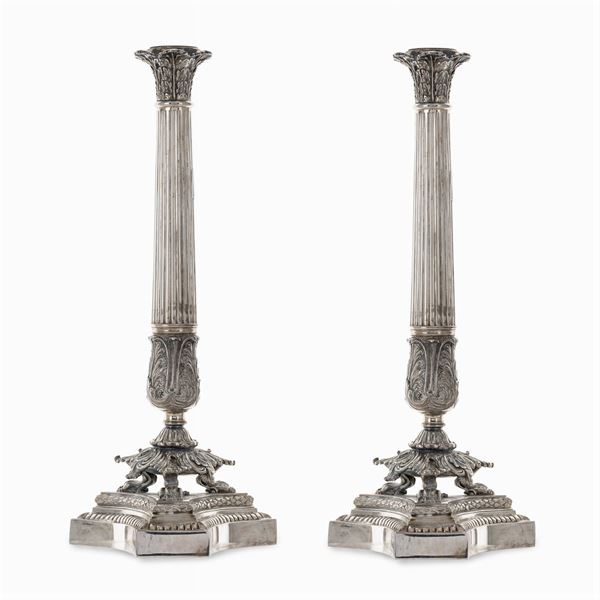 Pair of silver candlesticks  (Italy, 20th century)  - Auction FINE SILVER AND ART OF THE TABLE - Colasanti Casa d'Aste
