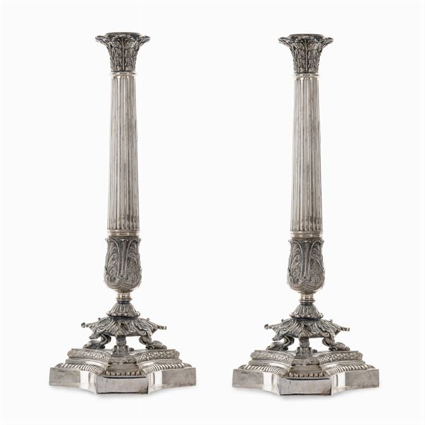 Pair of silver candlesticks  (Italy, 20th century)  - Auction FINE SILVER AND ART OF THE TABLE - Colasanti Casa d'Aste